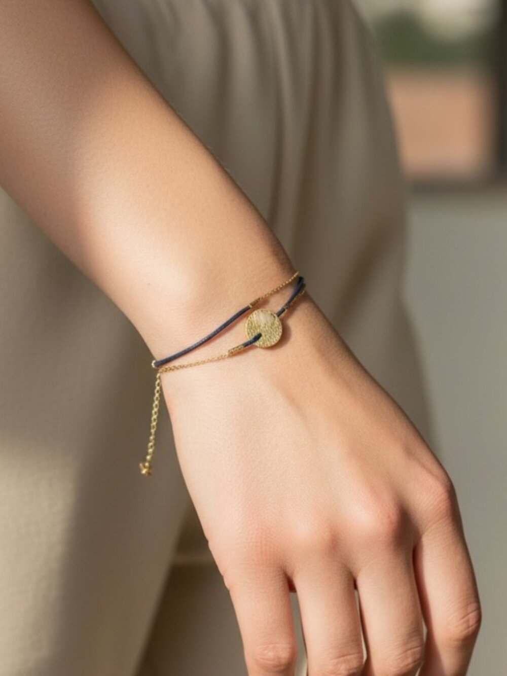 Gold Disc on a Black Cord Slider Bracelet